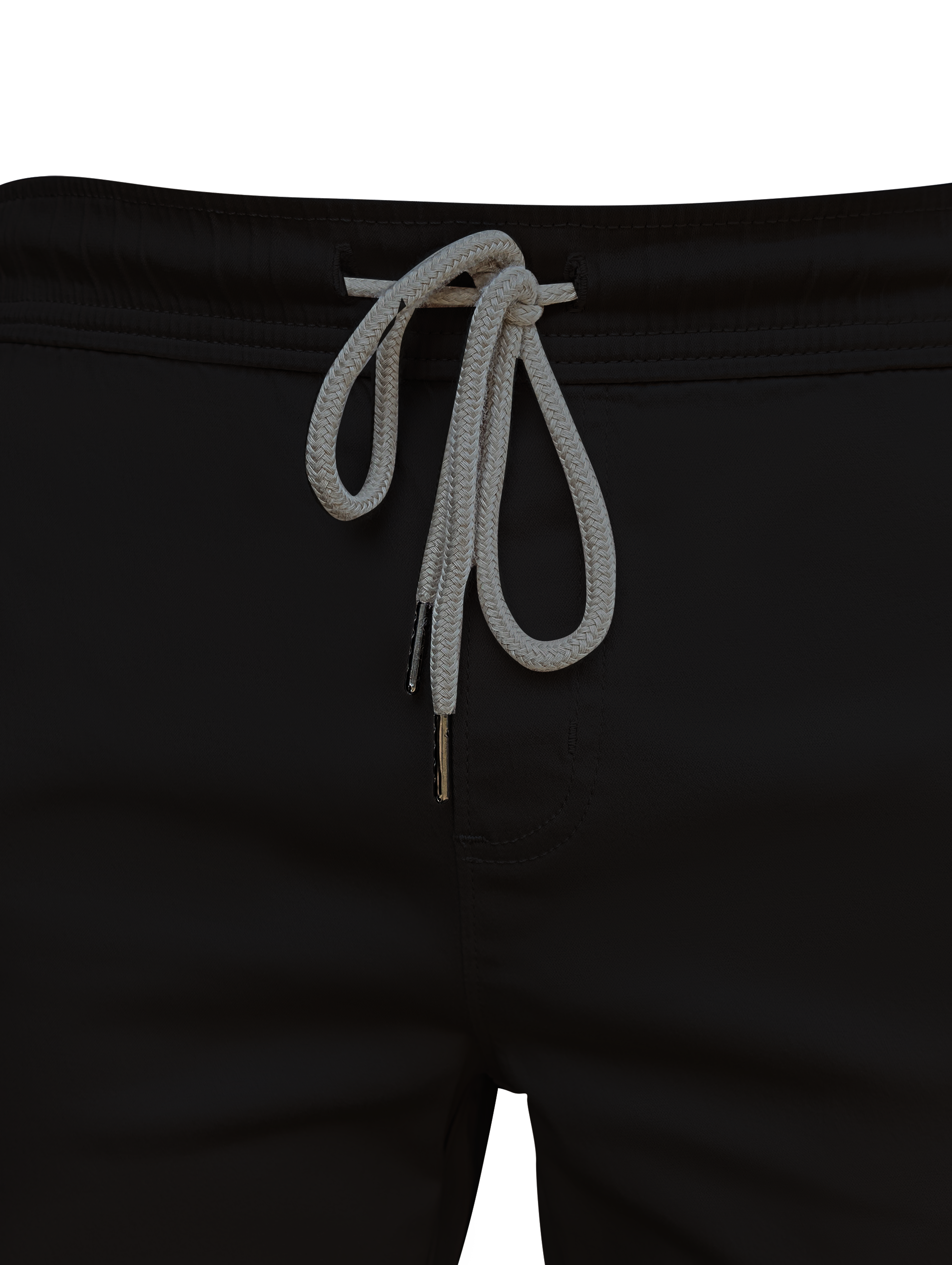 Black shorts with white drawstring on a white background