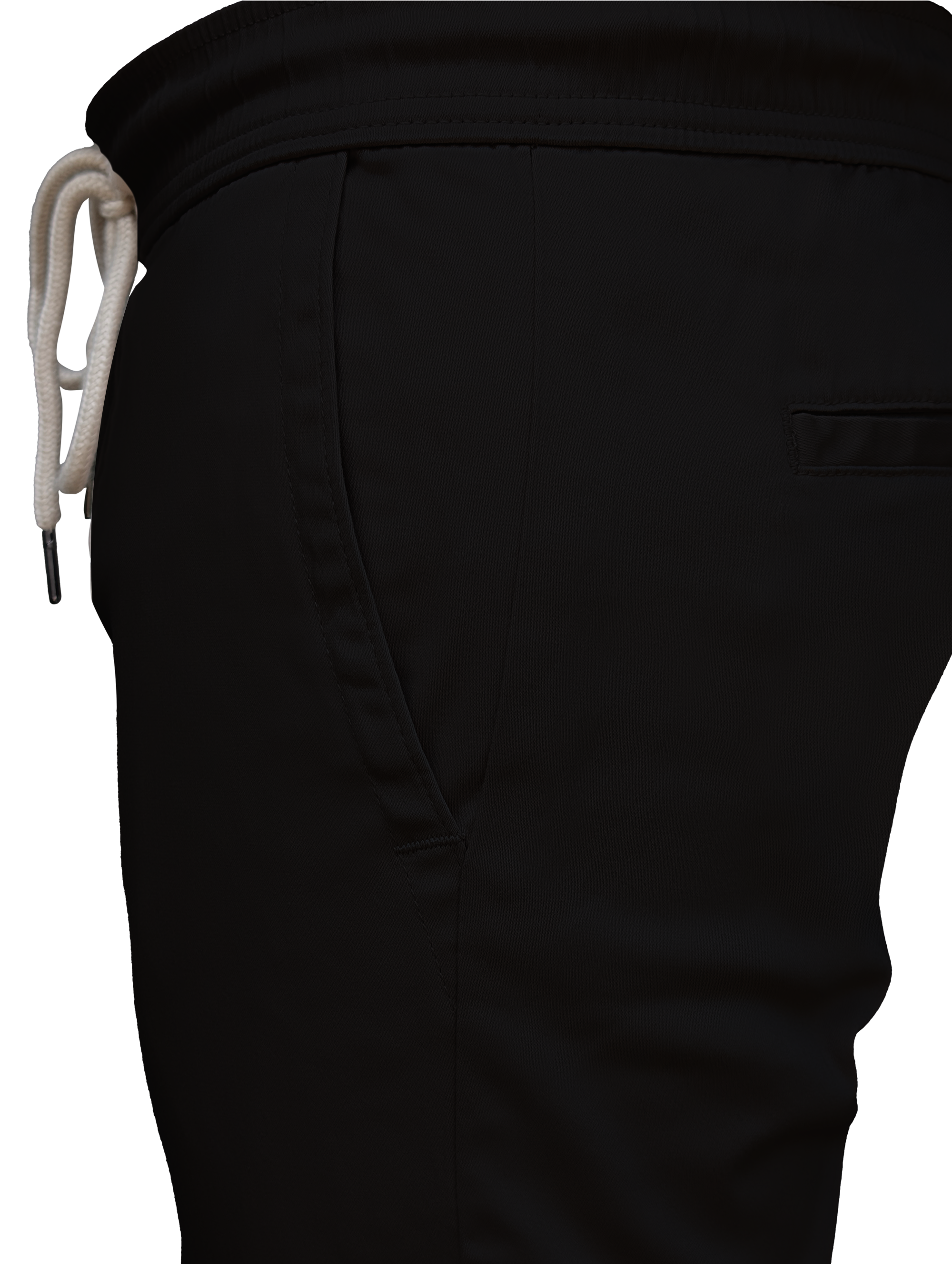 Black pants with a white drawstring on a white background
