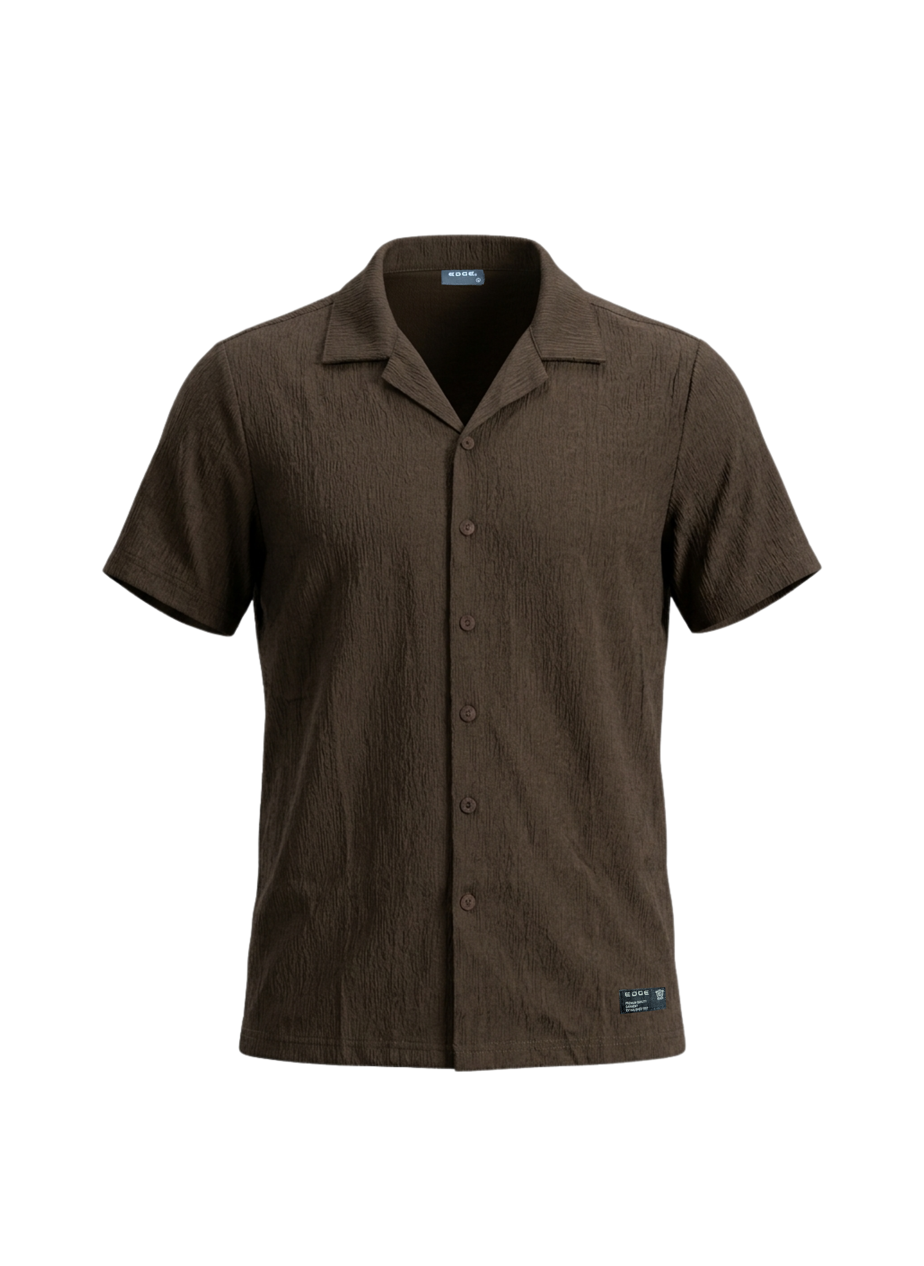 Brown short-sleeve button-up shirt on a white background