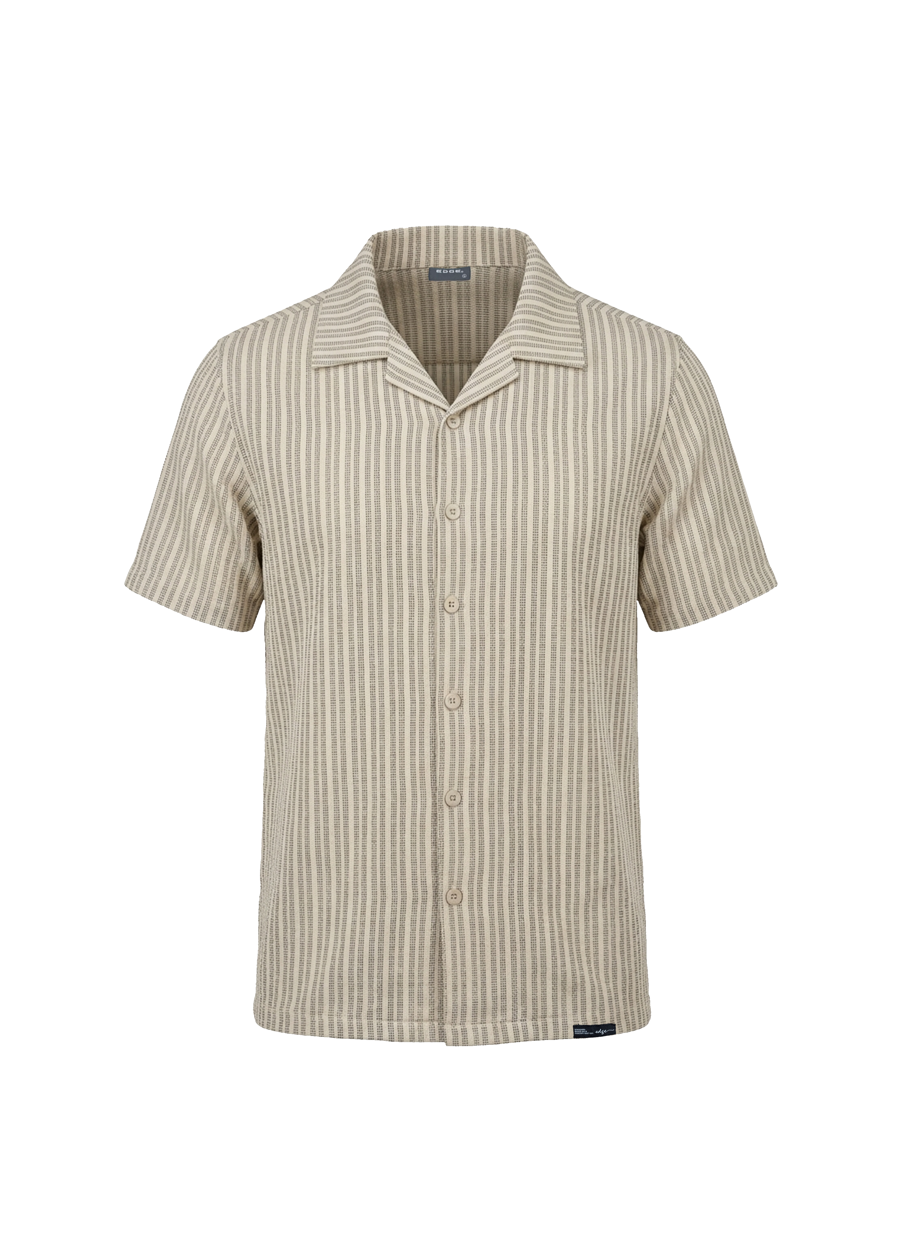 Beige and brown striped short-sleeve shirt on a white background