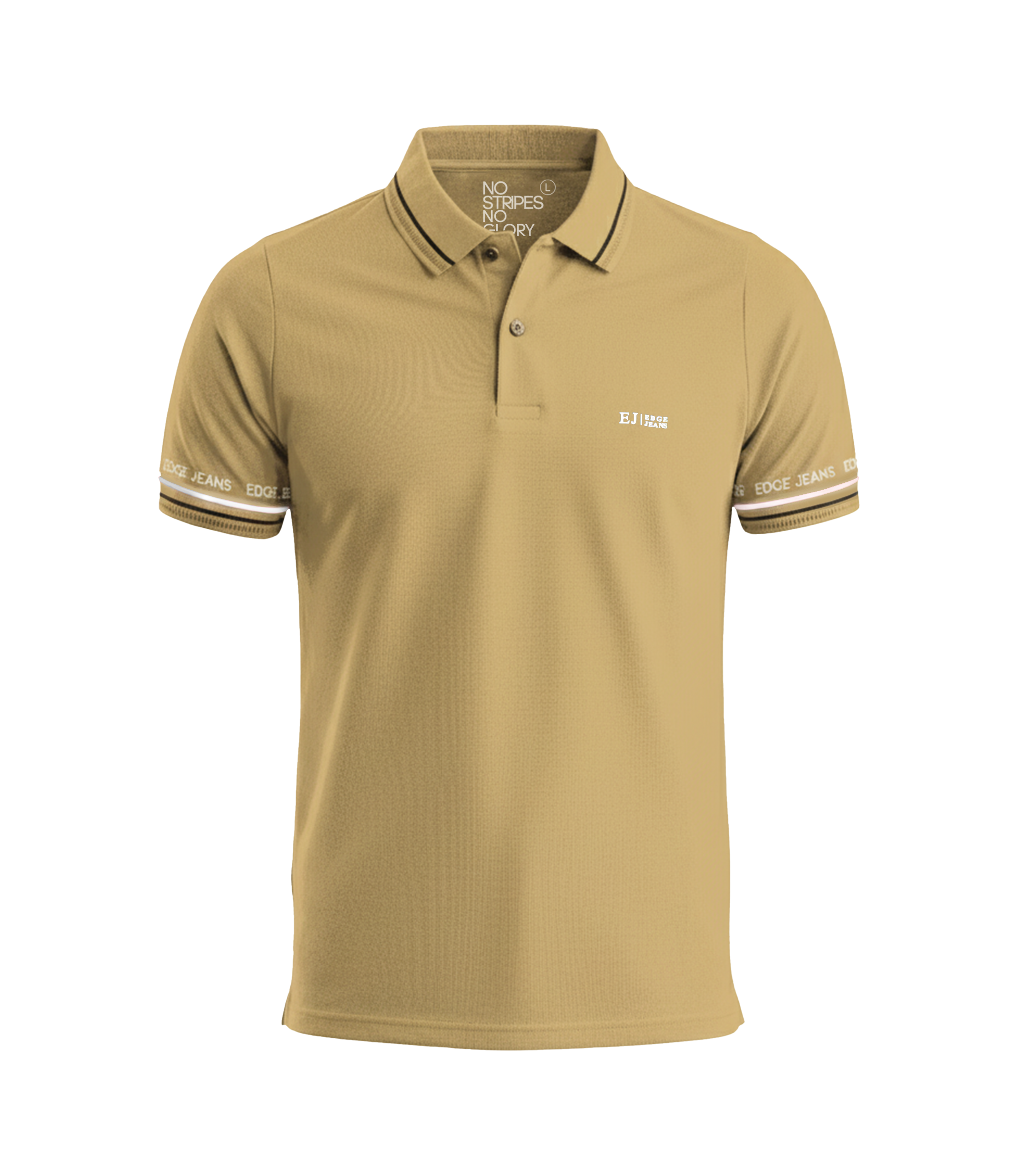 Beige polo shirt with white accents on a white background