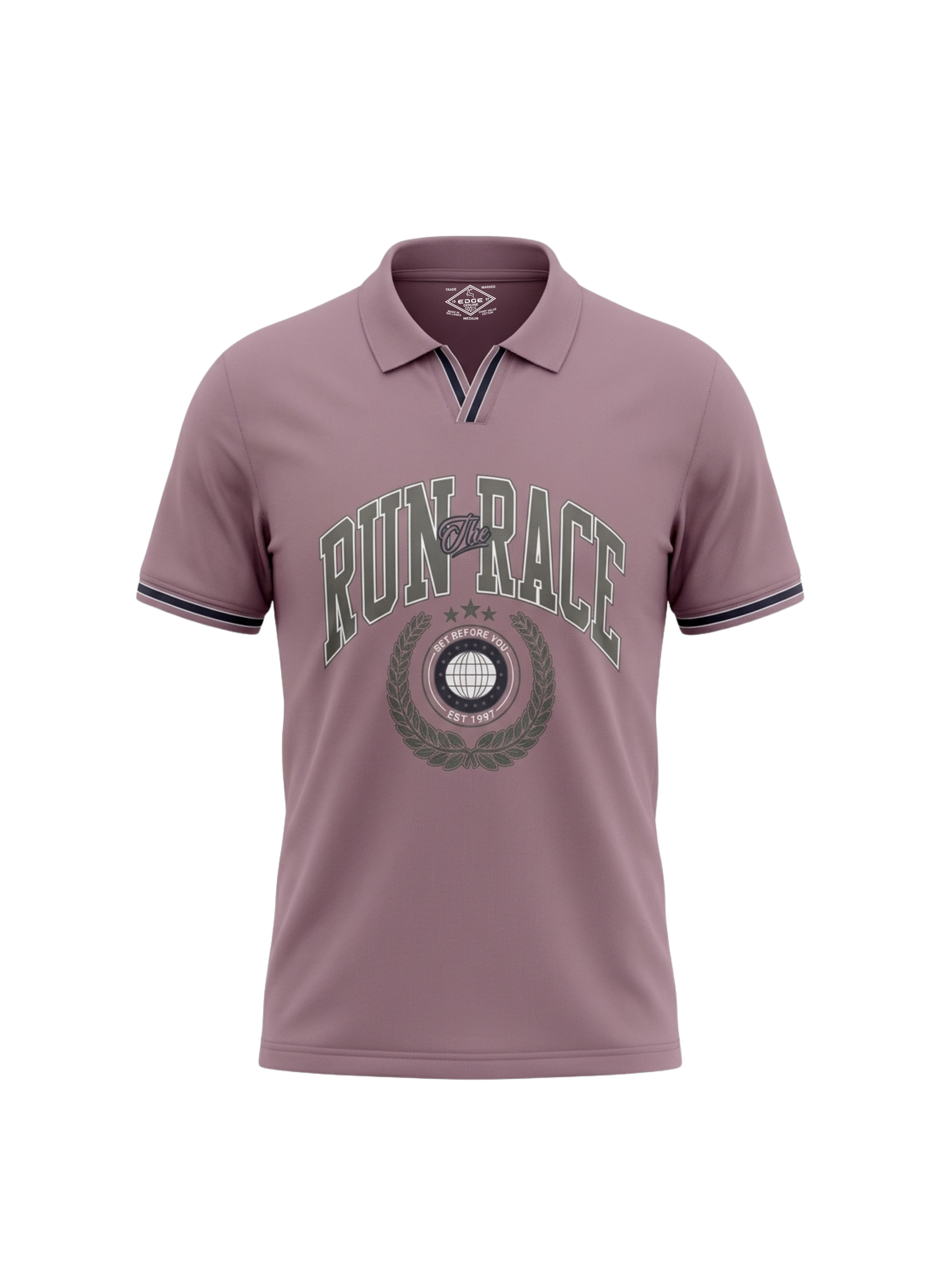 Pink polo shirt with 'Run Race' text and emblem on a white background