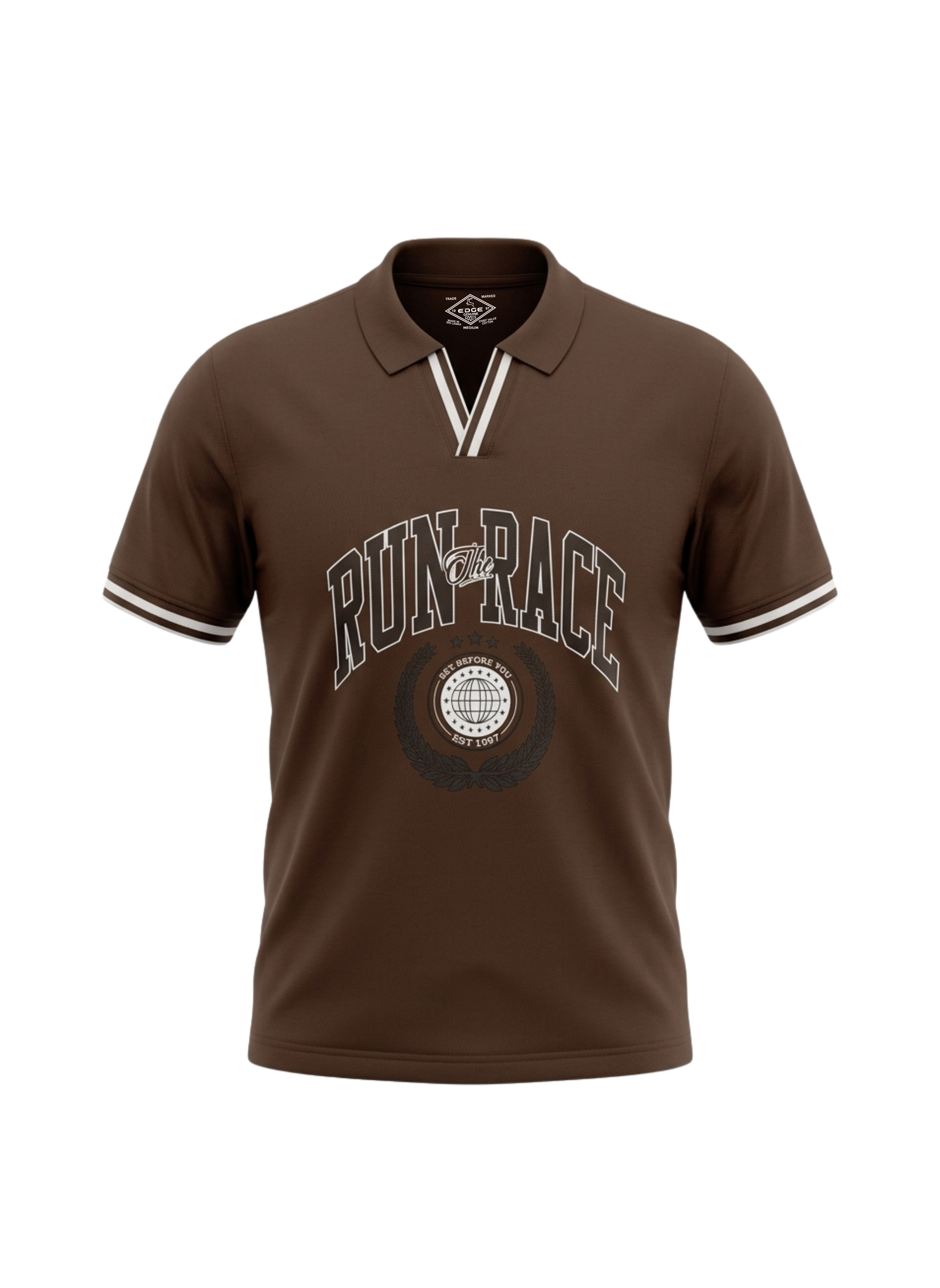 Brown polo shirt with 'Run Race' text and logo on a white background
