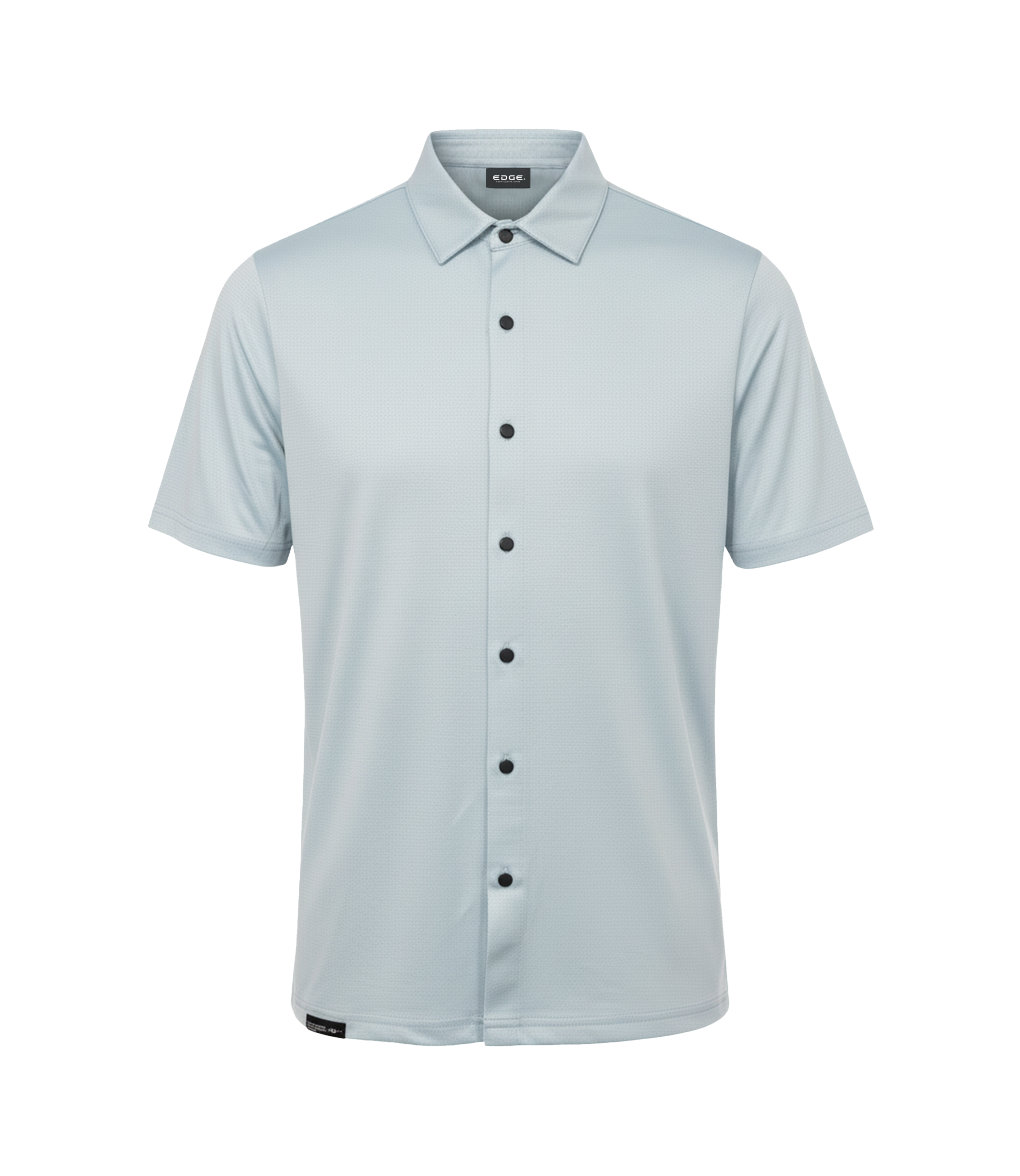 Edge Casuals | Light blue short-sleeve Travel Ease polo shirt with black buttons on a white background