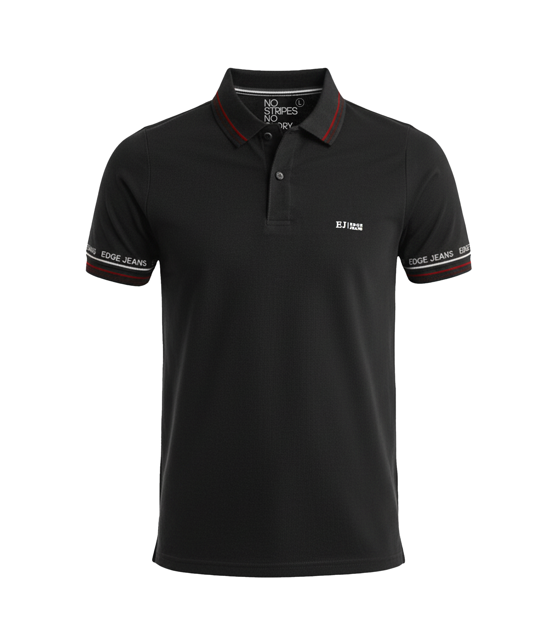 Black polo shirt with brand logo on a white background