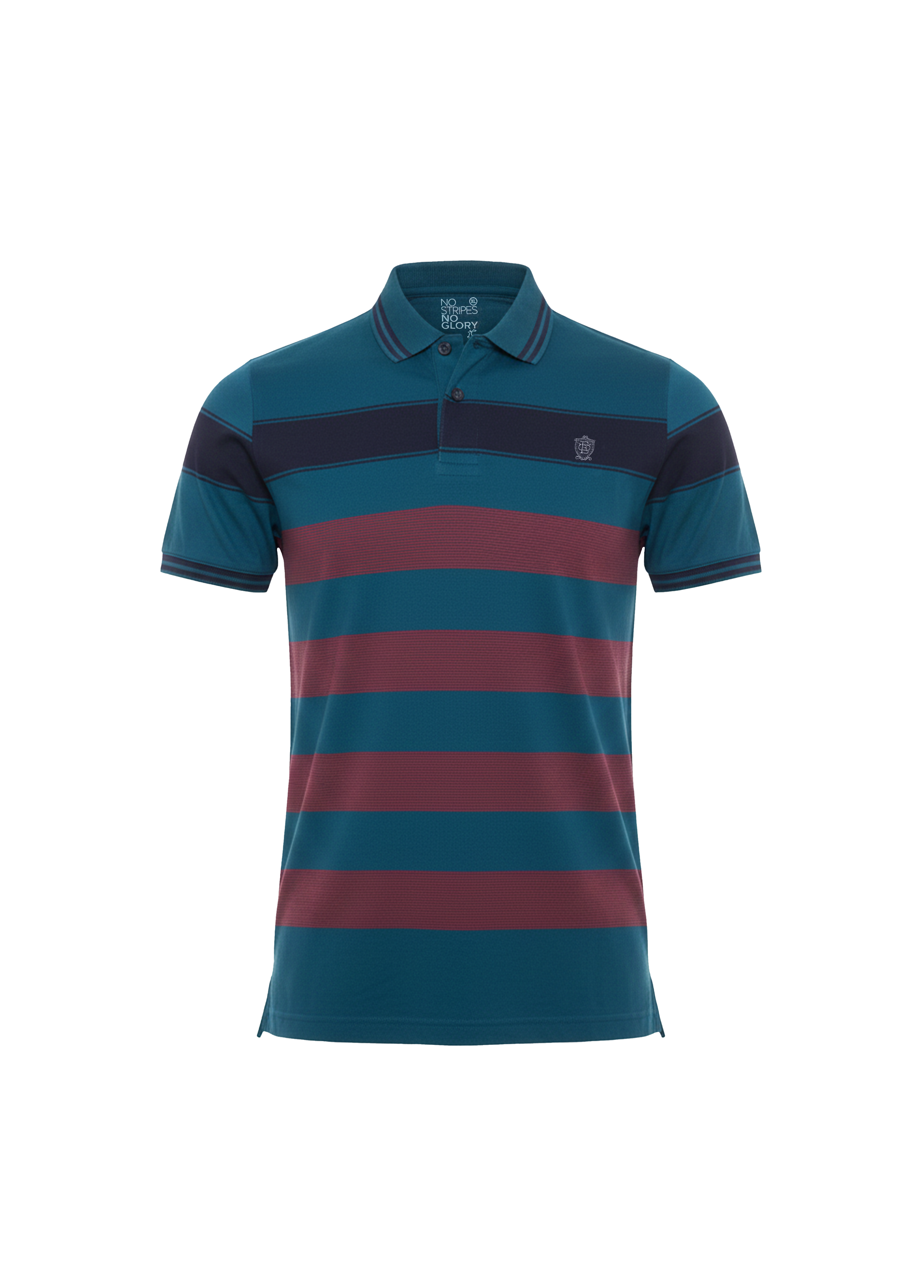Striped polo shirt with blue and red horizontal stripes on a white background