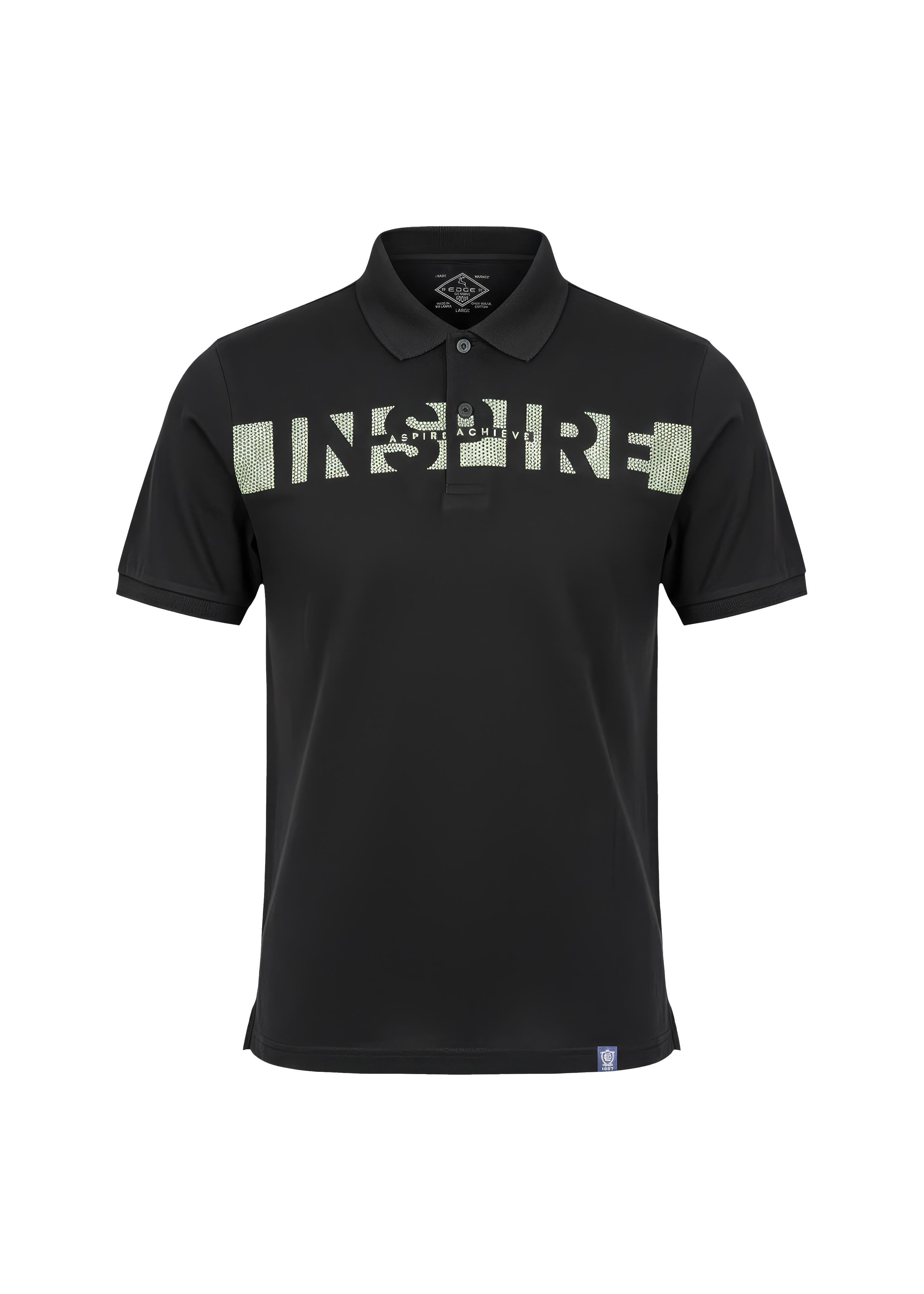 Black polo shirt with 'INSPIRE' text on a white background