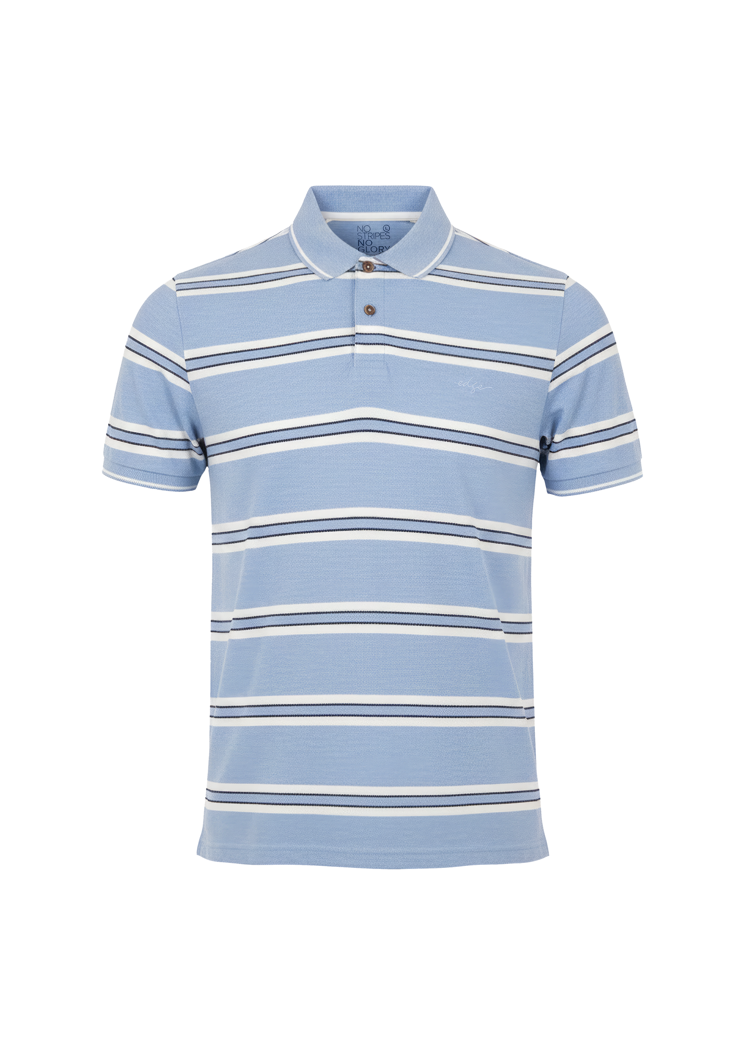 Light blue striped polo shirt on a white background