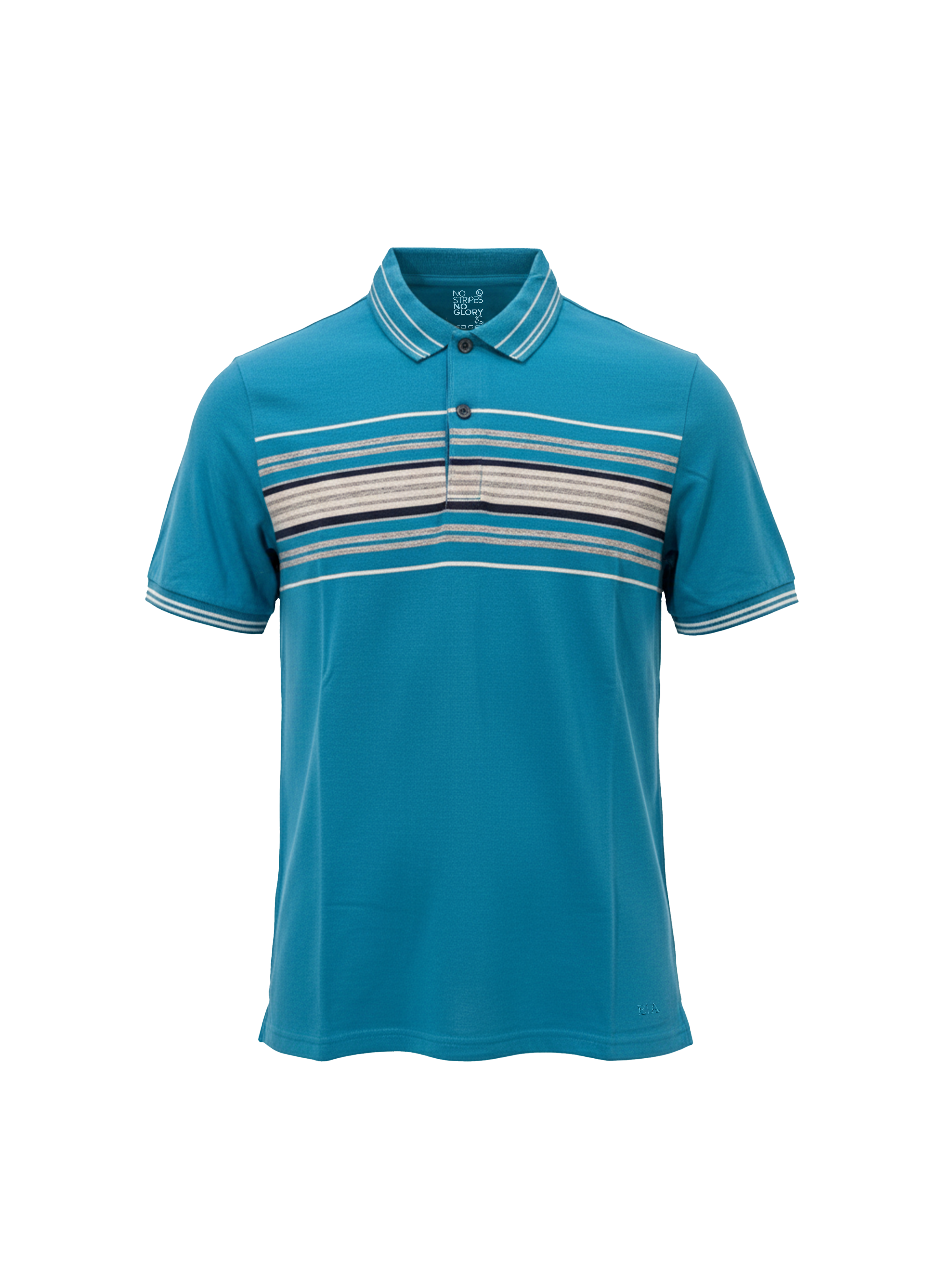 Blue polo shirt with striped pattern on a white background