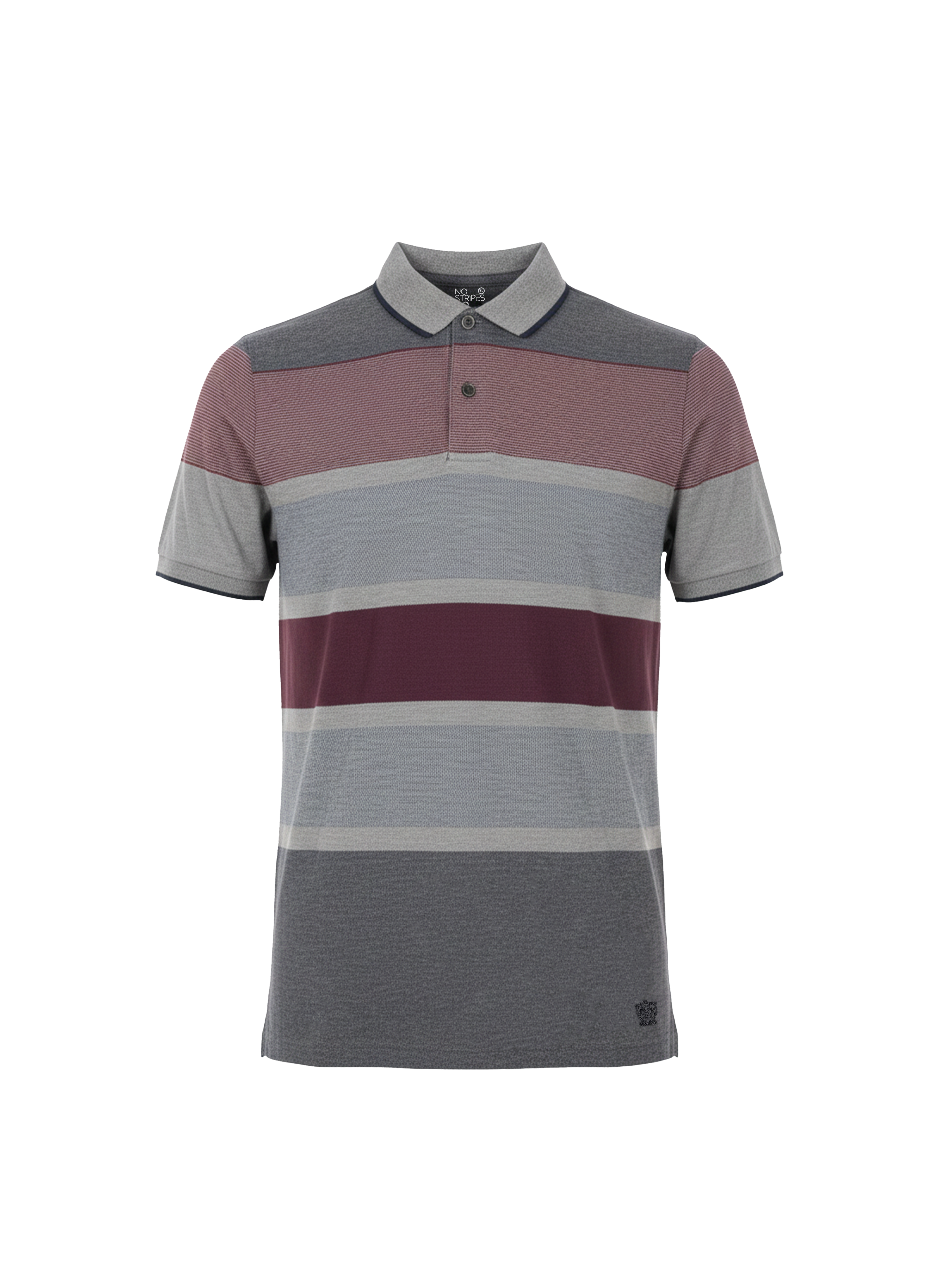 Striped polo shirt with a maroon, gray, and white pattern on a white background