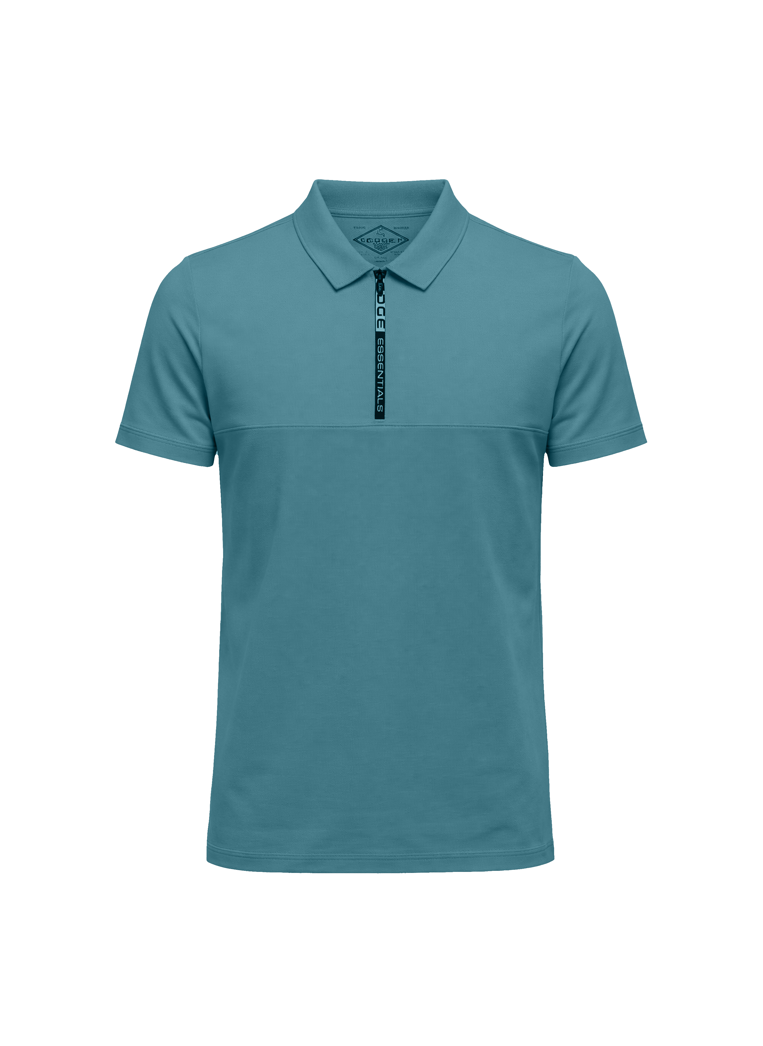 Teal polo shirt with a zipper on a white background