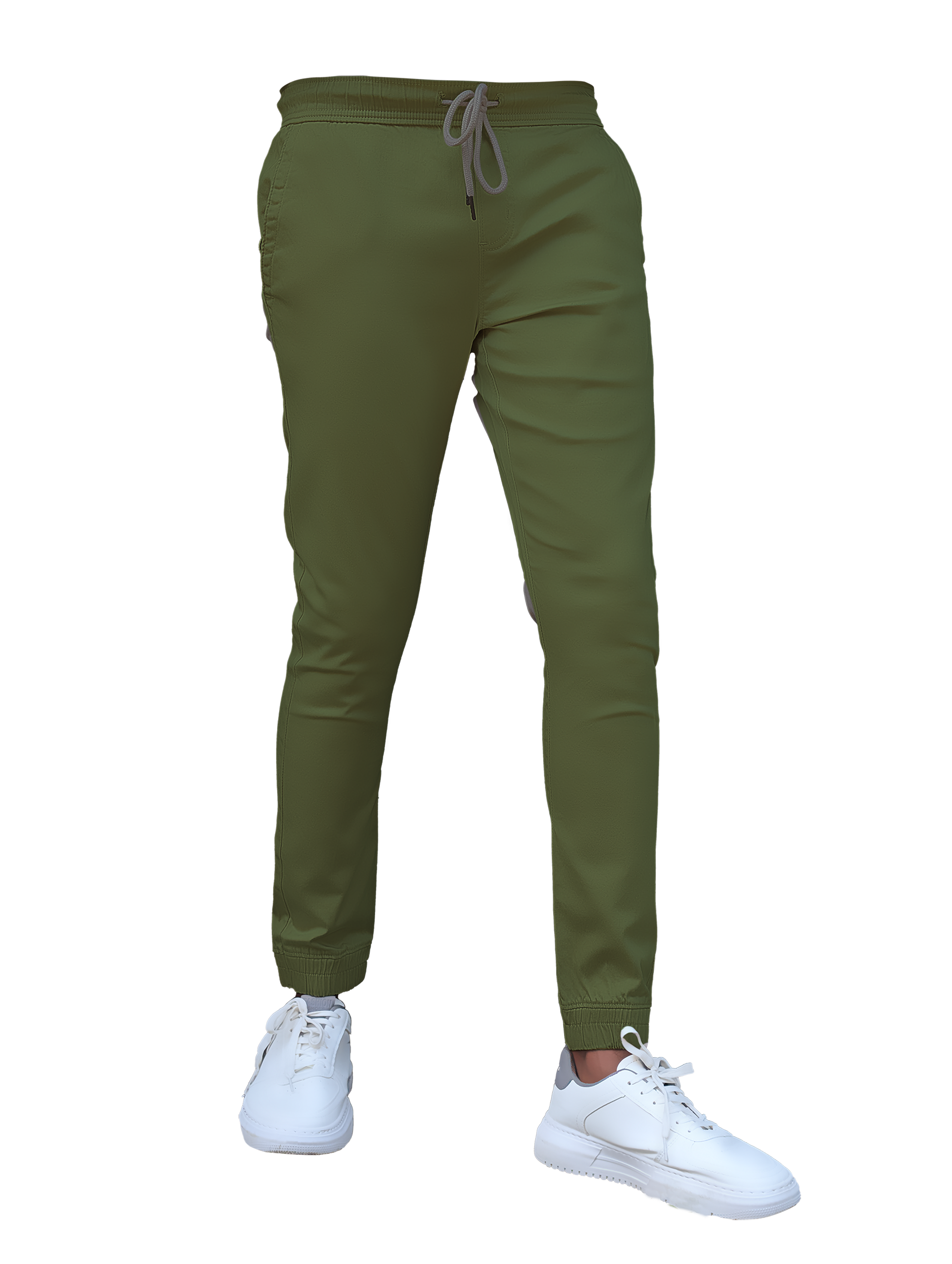 Green jogger pants with a drawstring on a white background