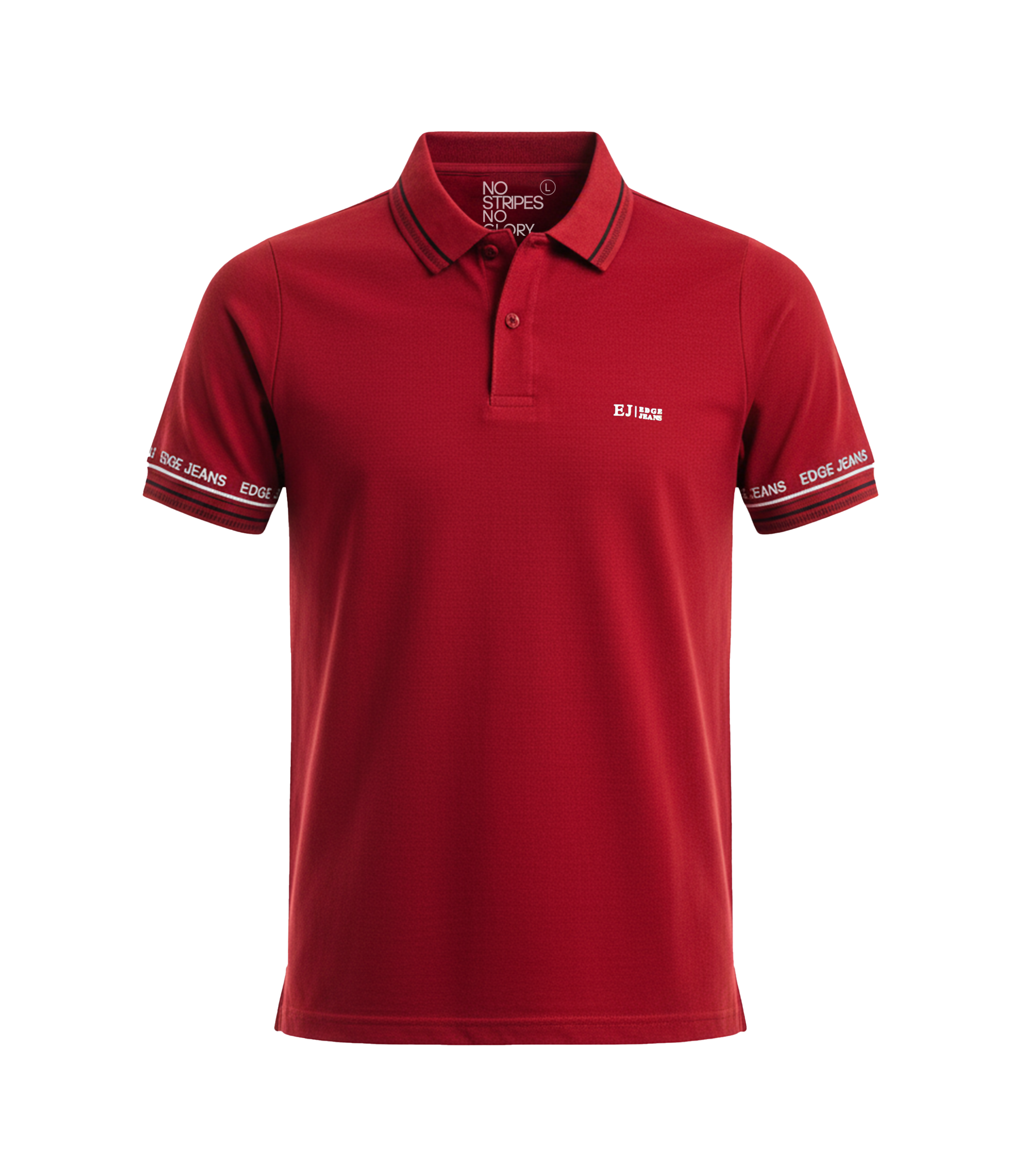 Red polo shirt with white text on a white background