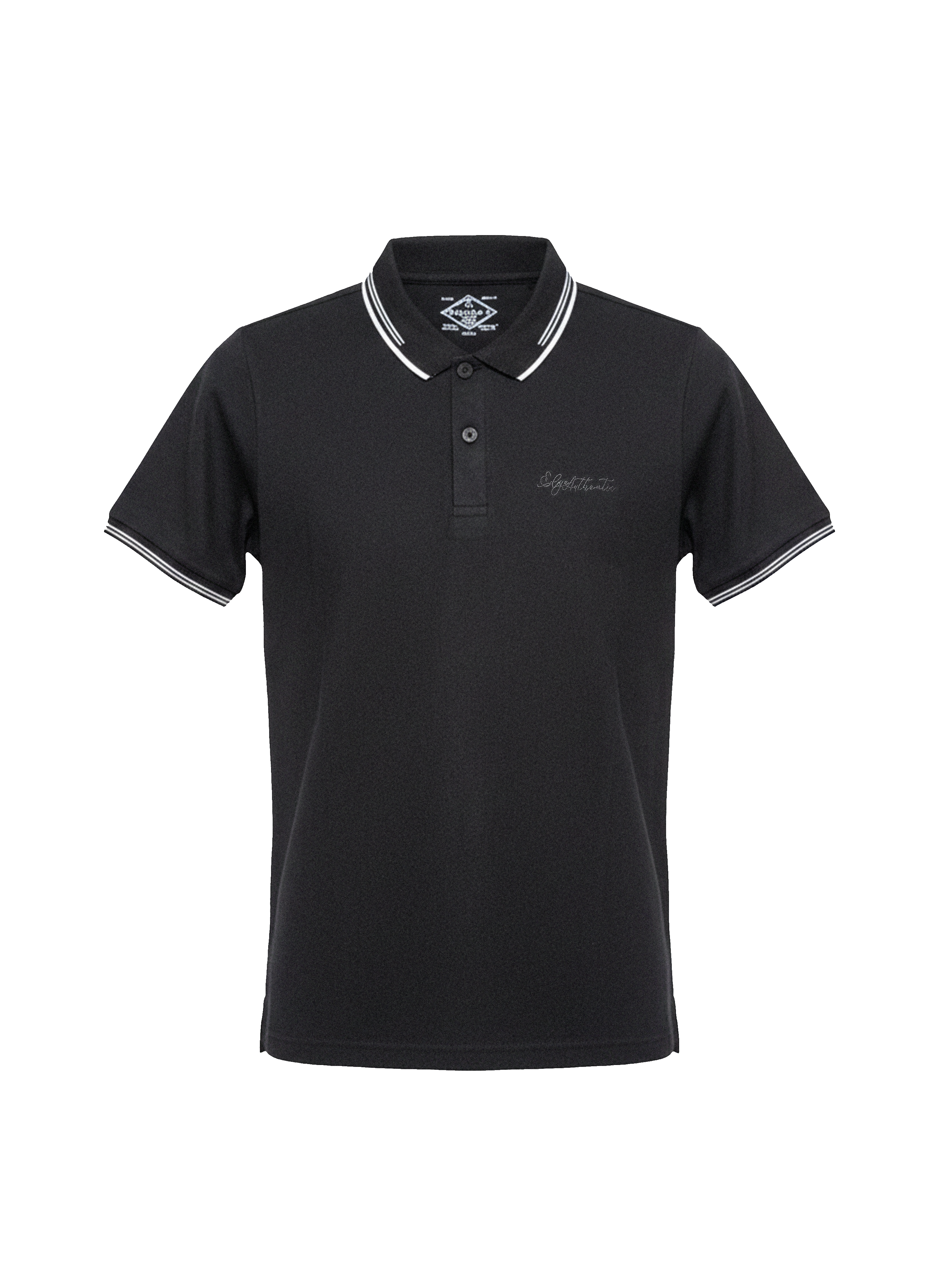 Black polo shirt with white trim on a white background