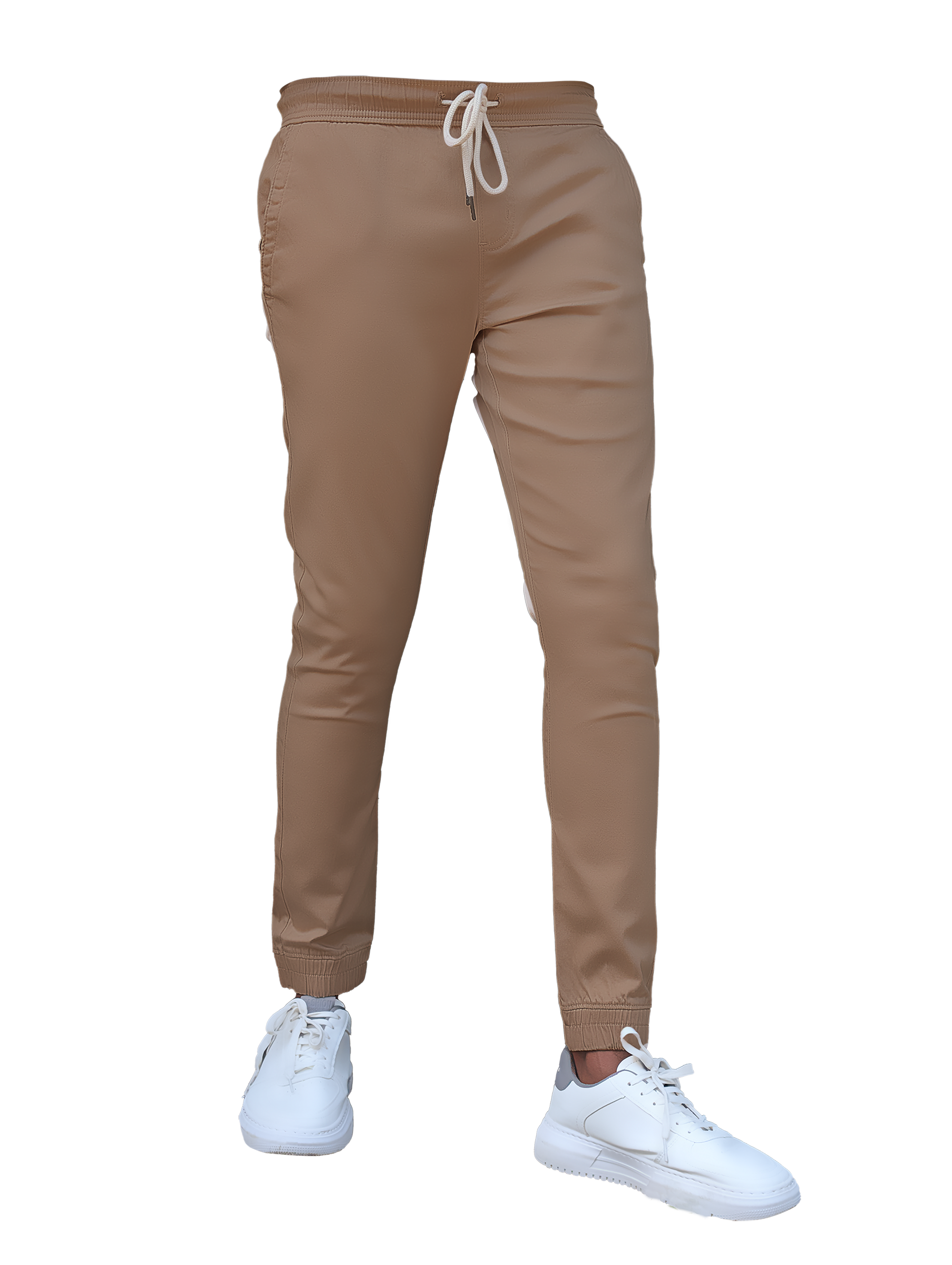 Beige jogger pants with a drawstring on a white background