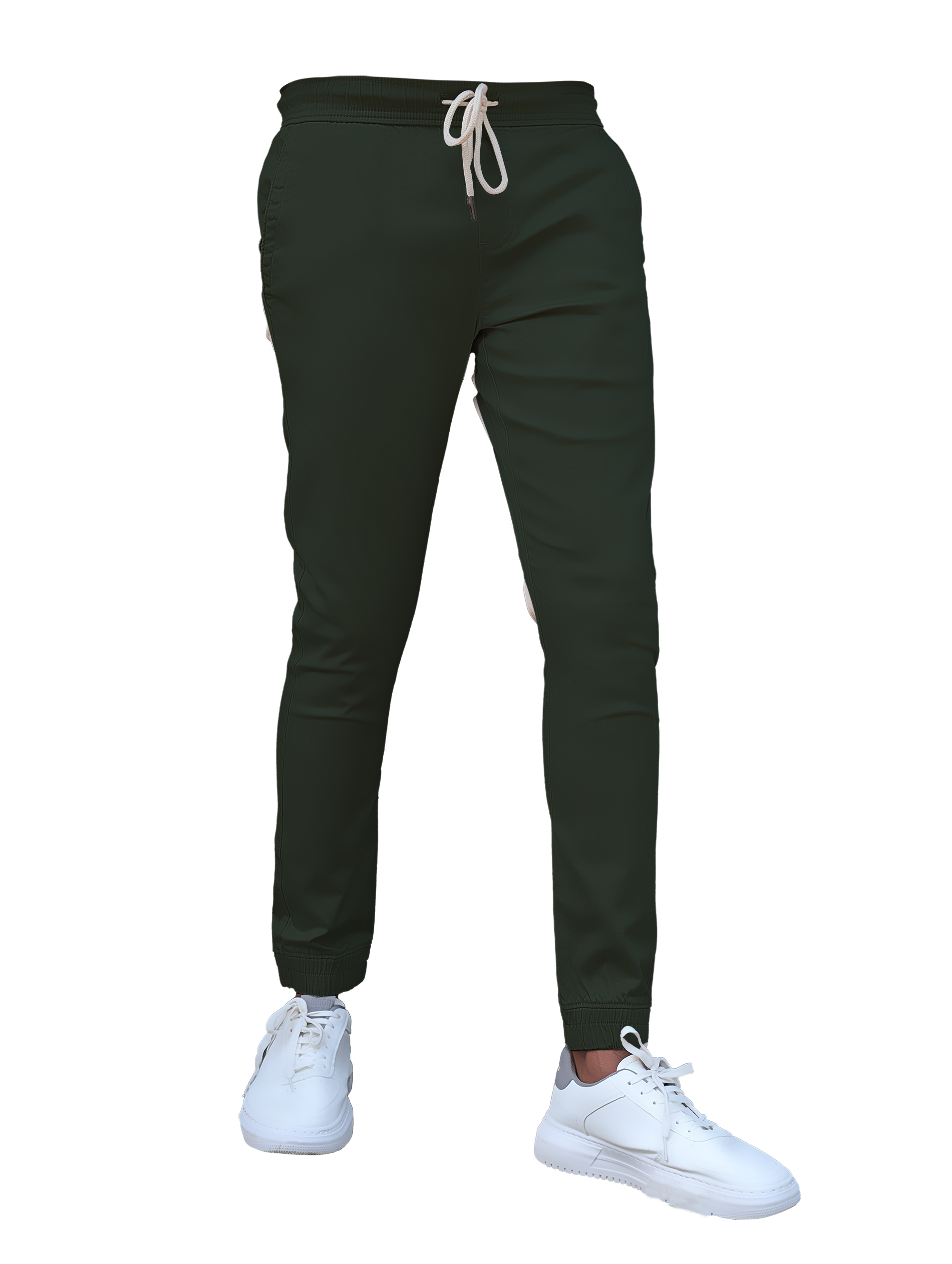 Dark green jogger pants with a drawstring on a white background