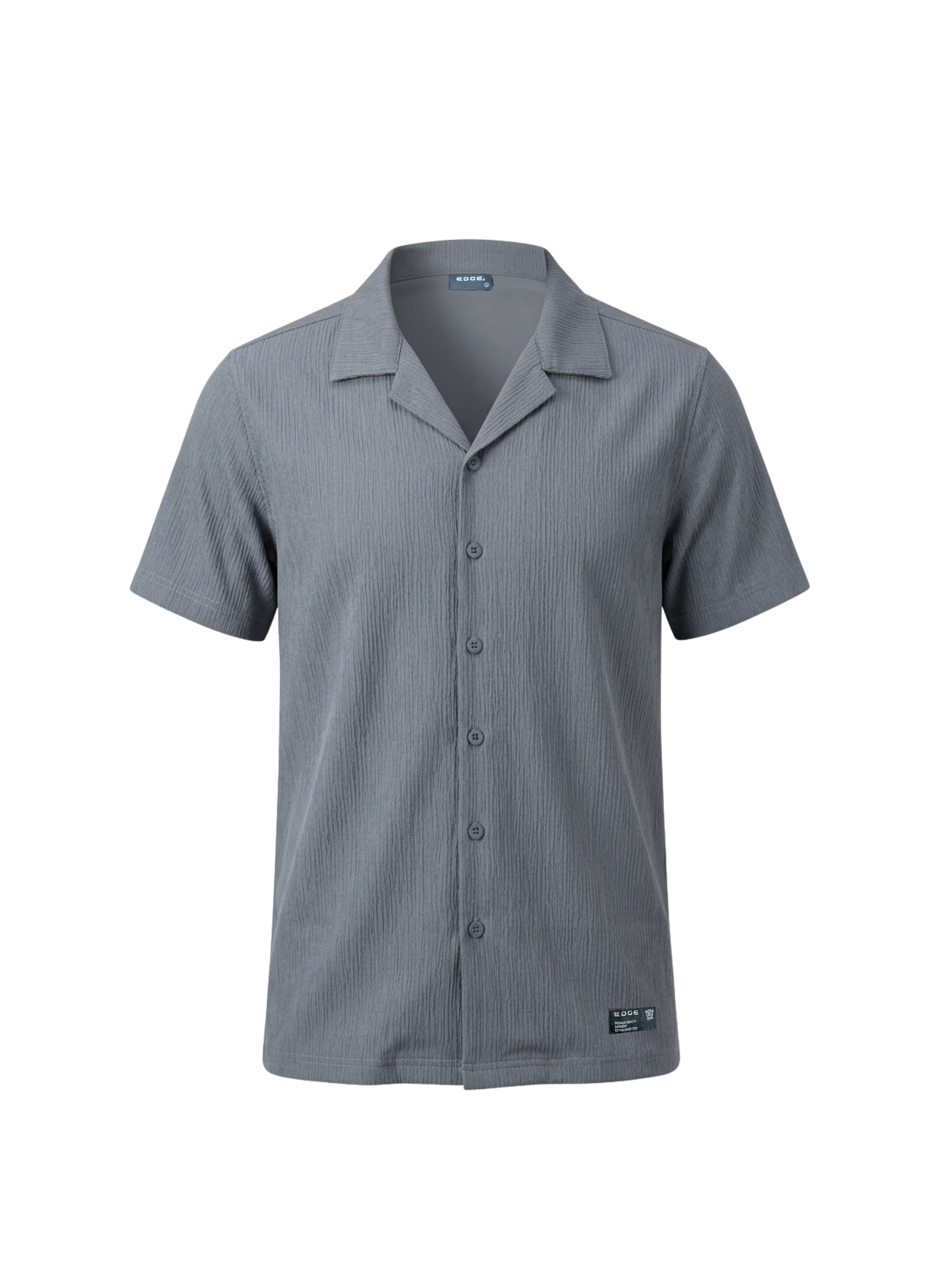 Gray short-sleeve button-up shirt on a white background