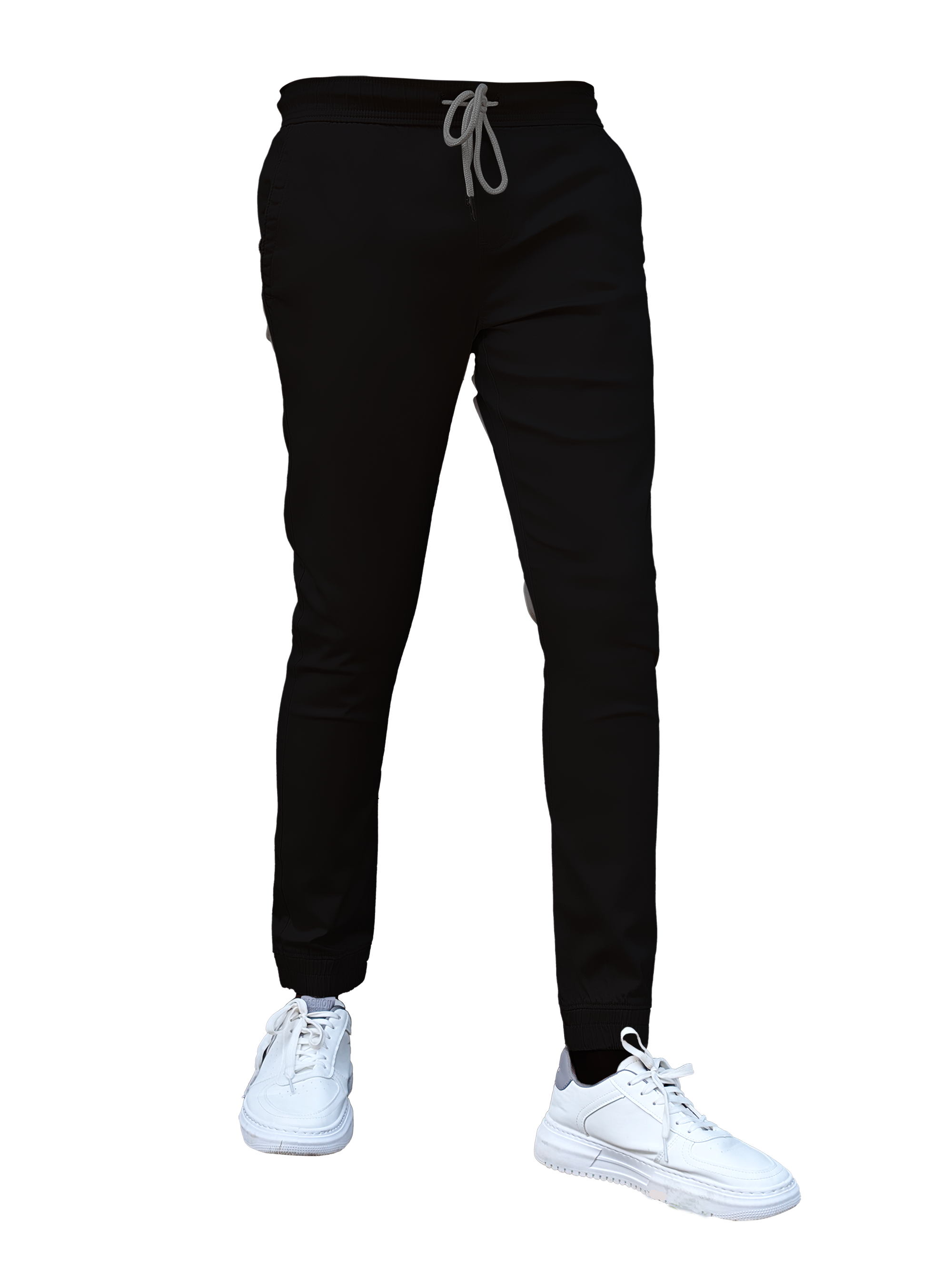 Black jogger pants with a drawstring on a white background