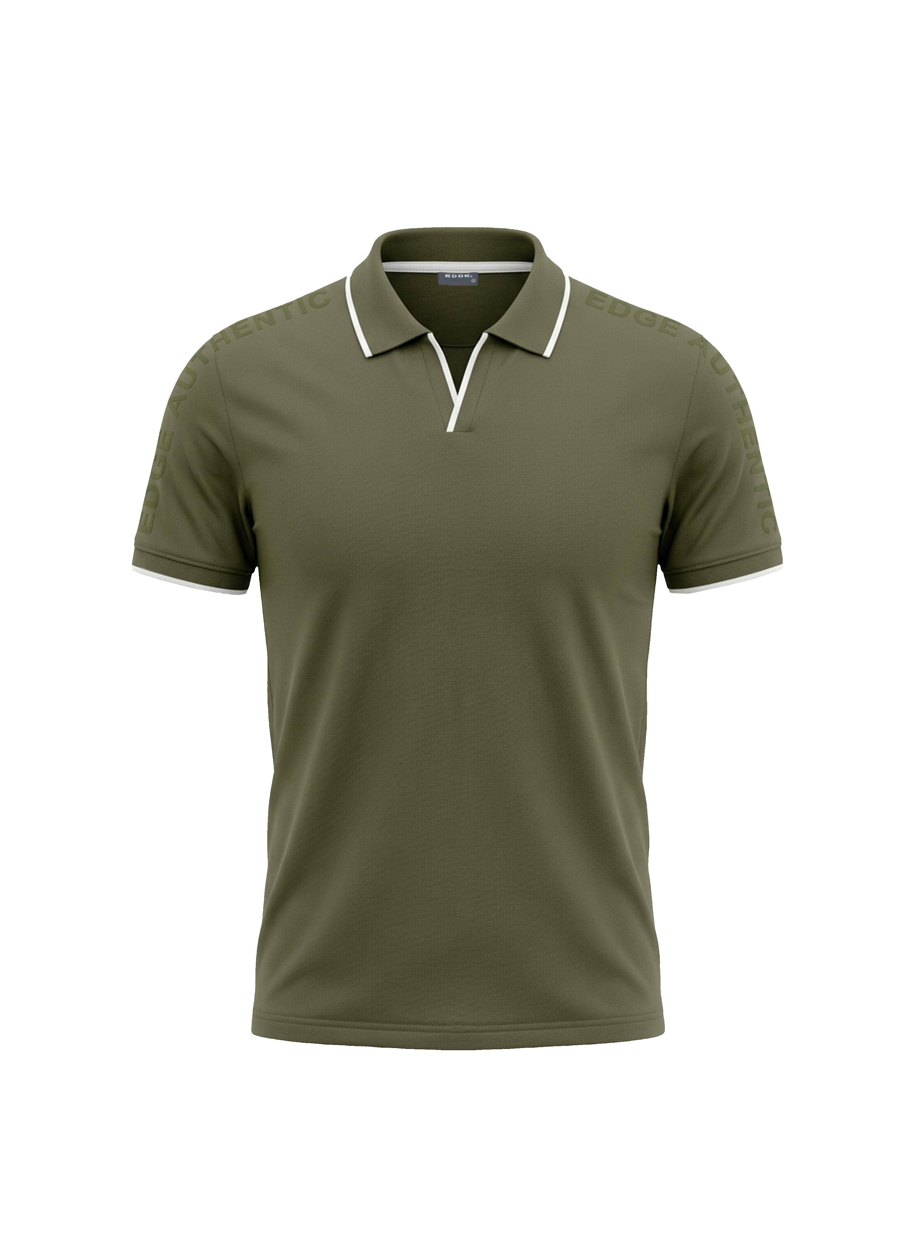 Green polo shirt with white trim on a white background