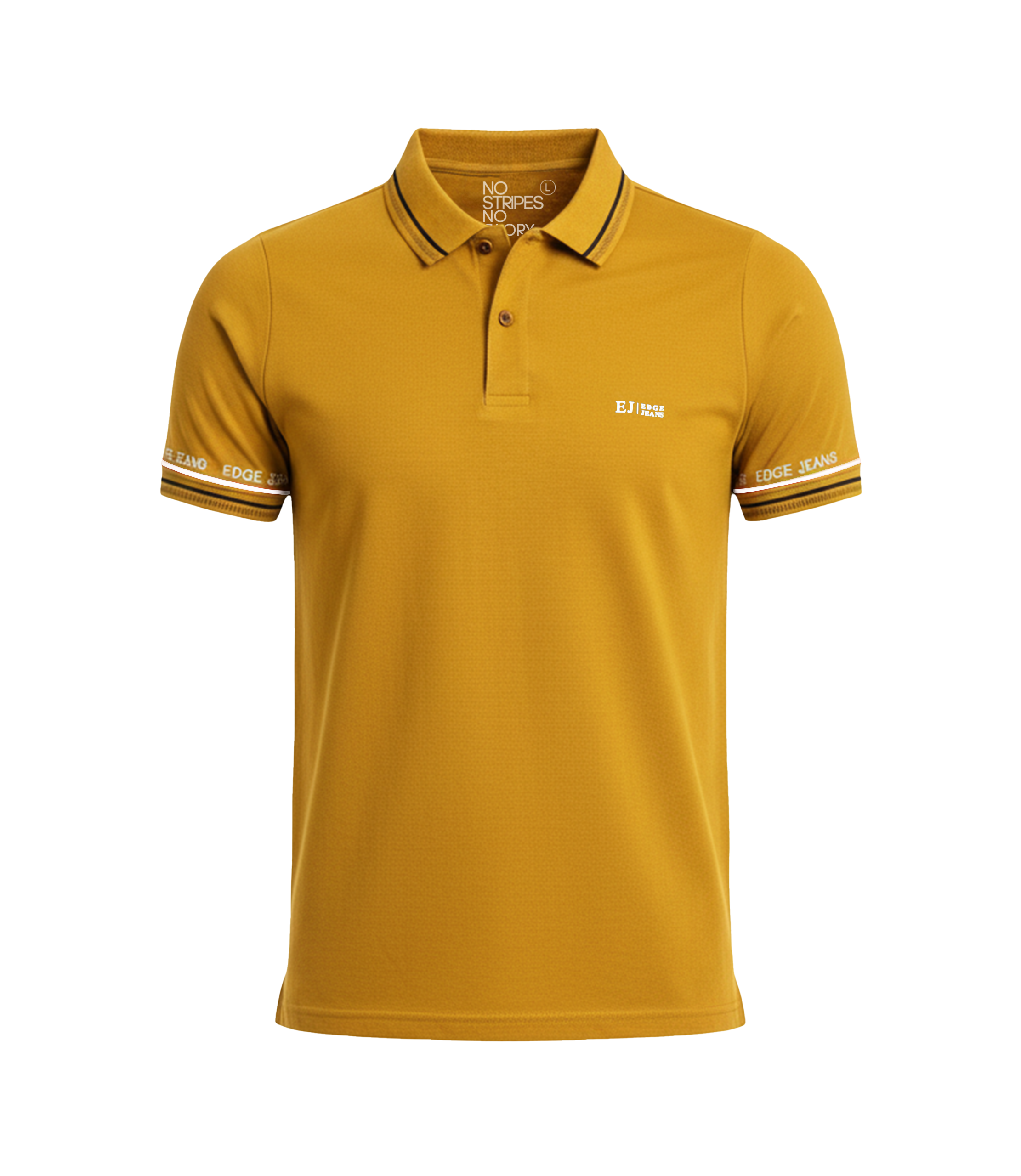 Yellow polo shirt with brand logos on a white background