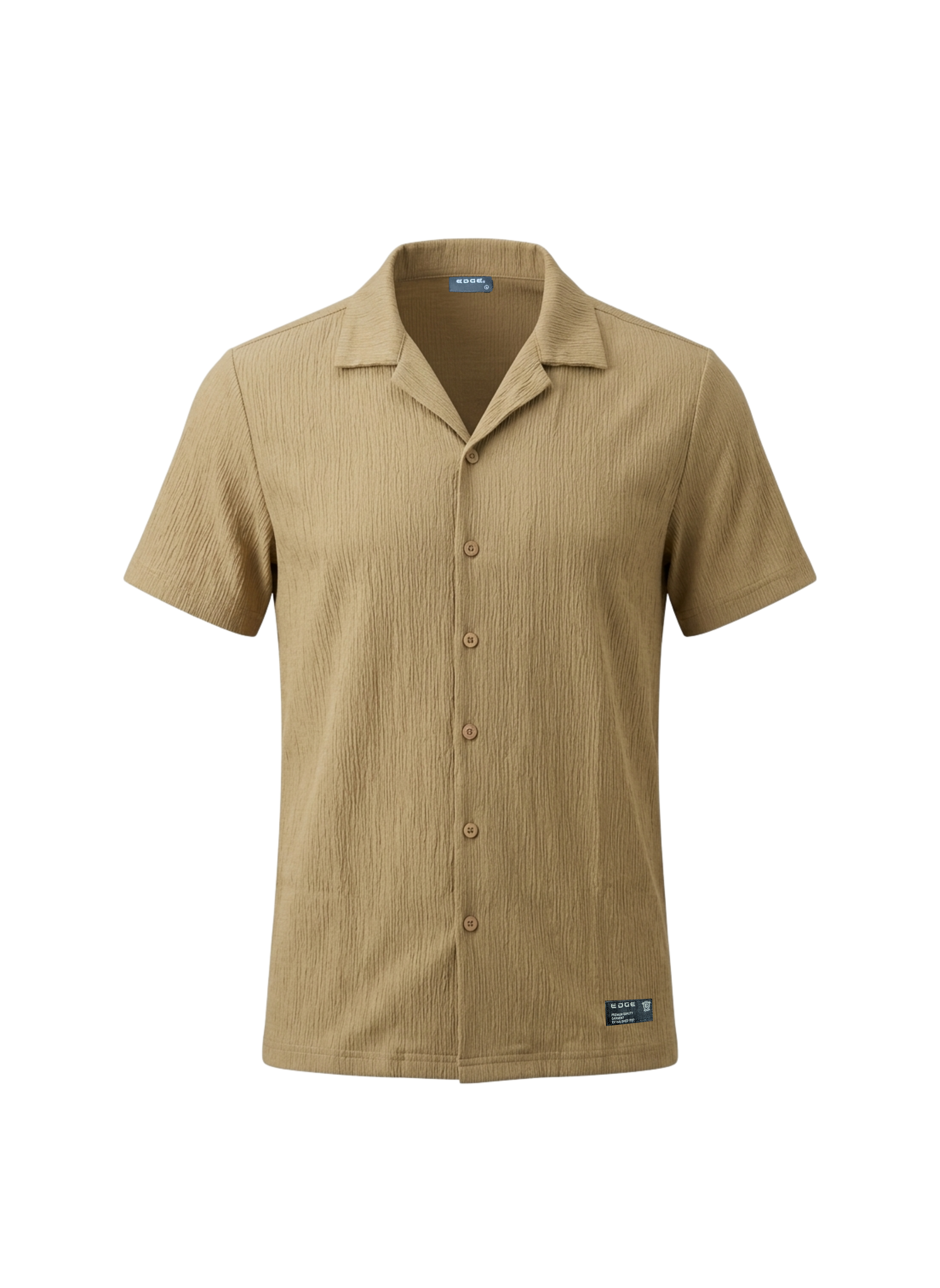 Beige short-sleeve shirt with button details on a white background