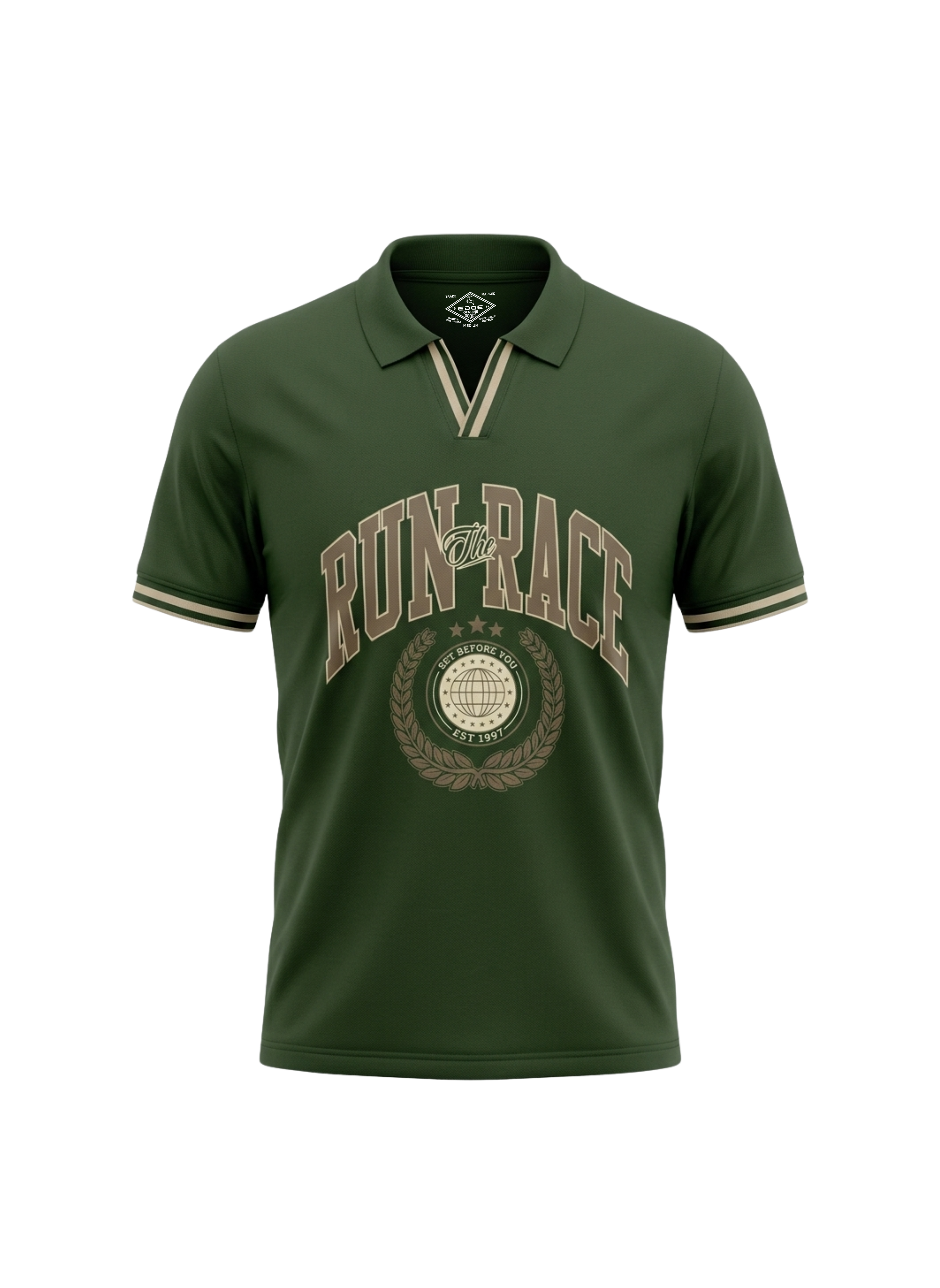 Green polo shirt with 'Run Race' text on a white background