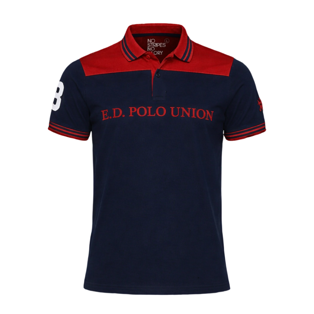 Man wearing a white and black polo shirt with 'E.D. Polo Union' branding on a dark background