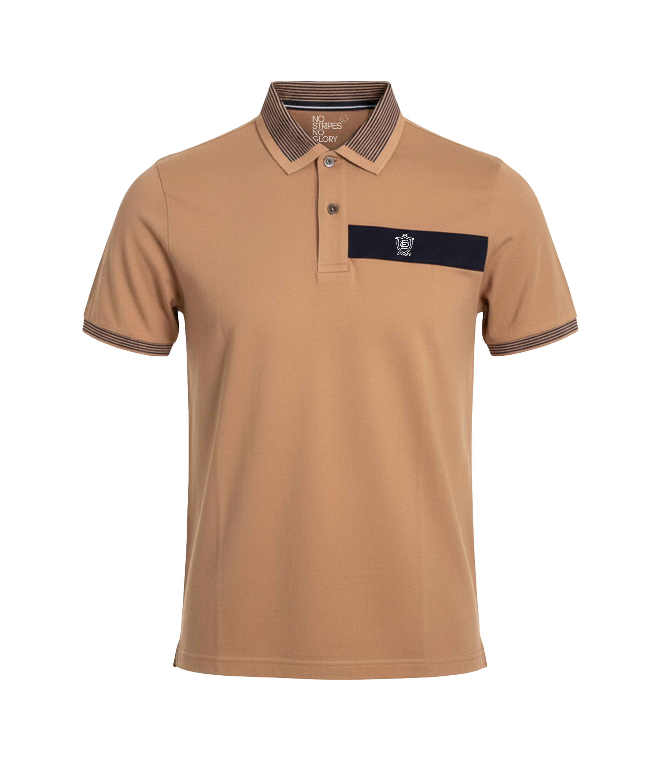 Beige polo shirt with a dark blue patch on a white background