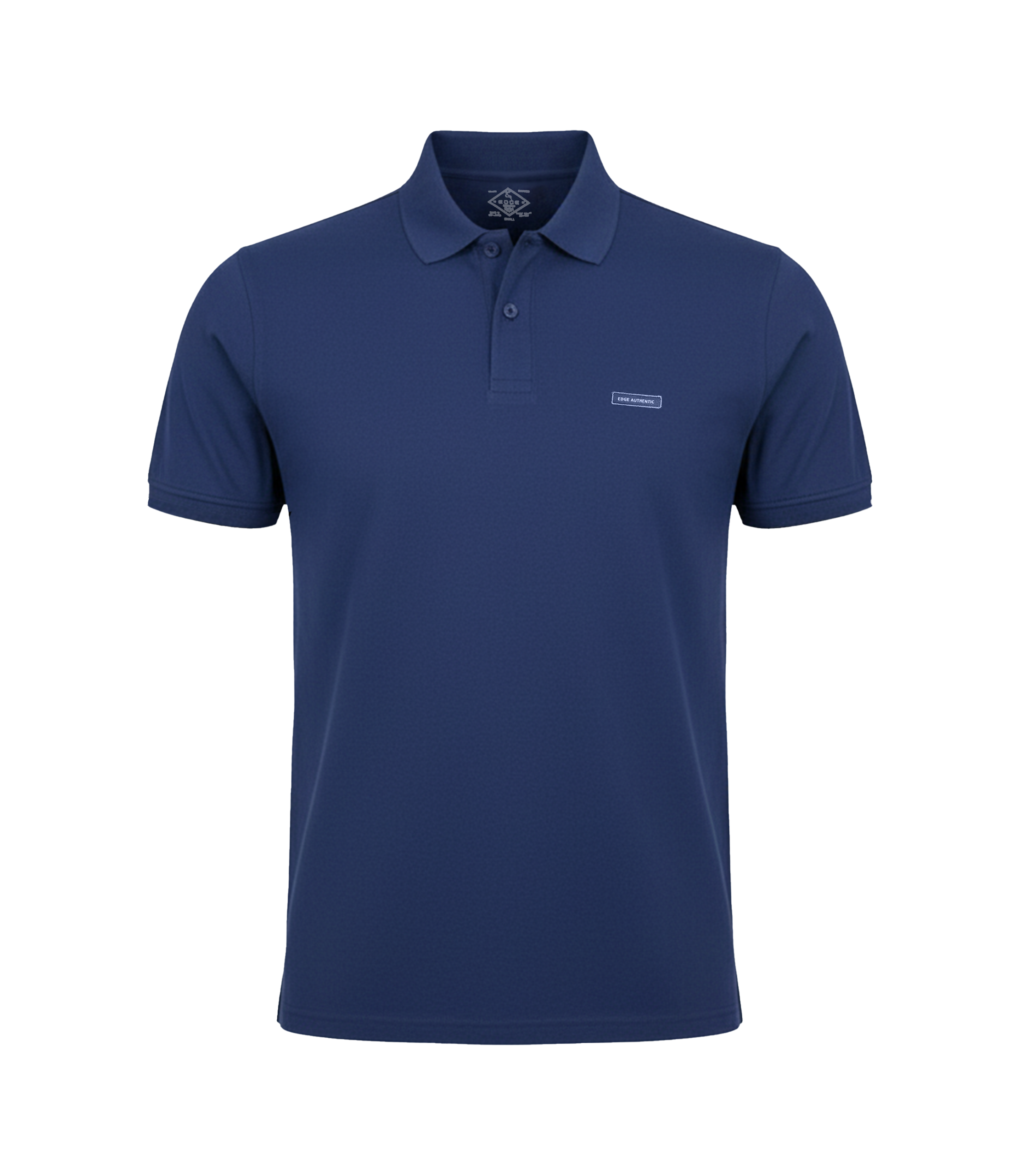 Navy blue polo shirt with a small logo on a white background