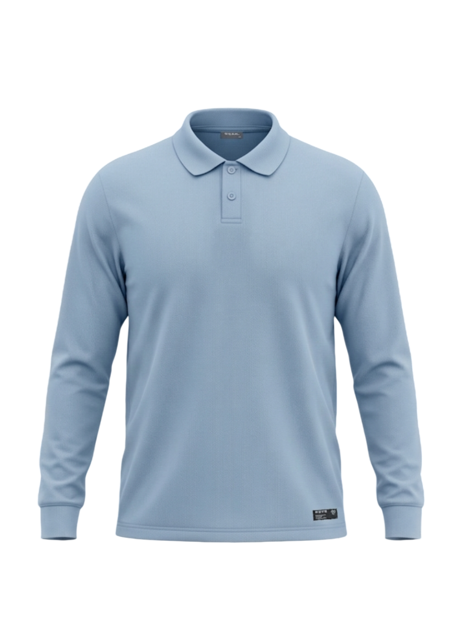 Light blue long-sleeve polo shirt on a white background