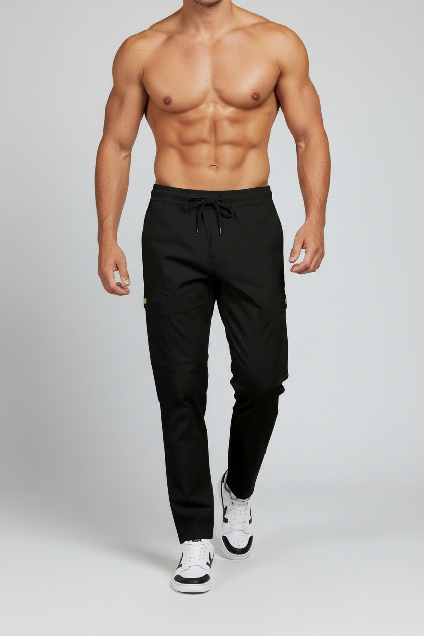 Black jogger pants on a white background