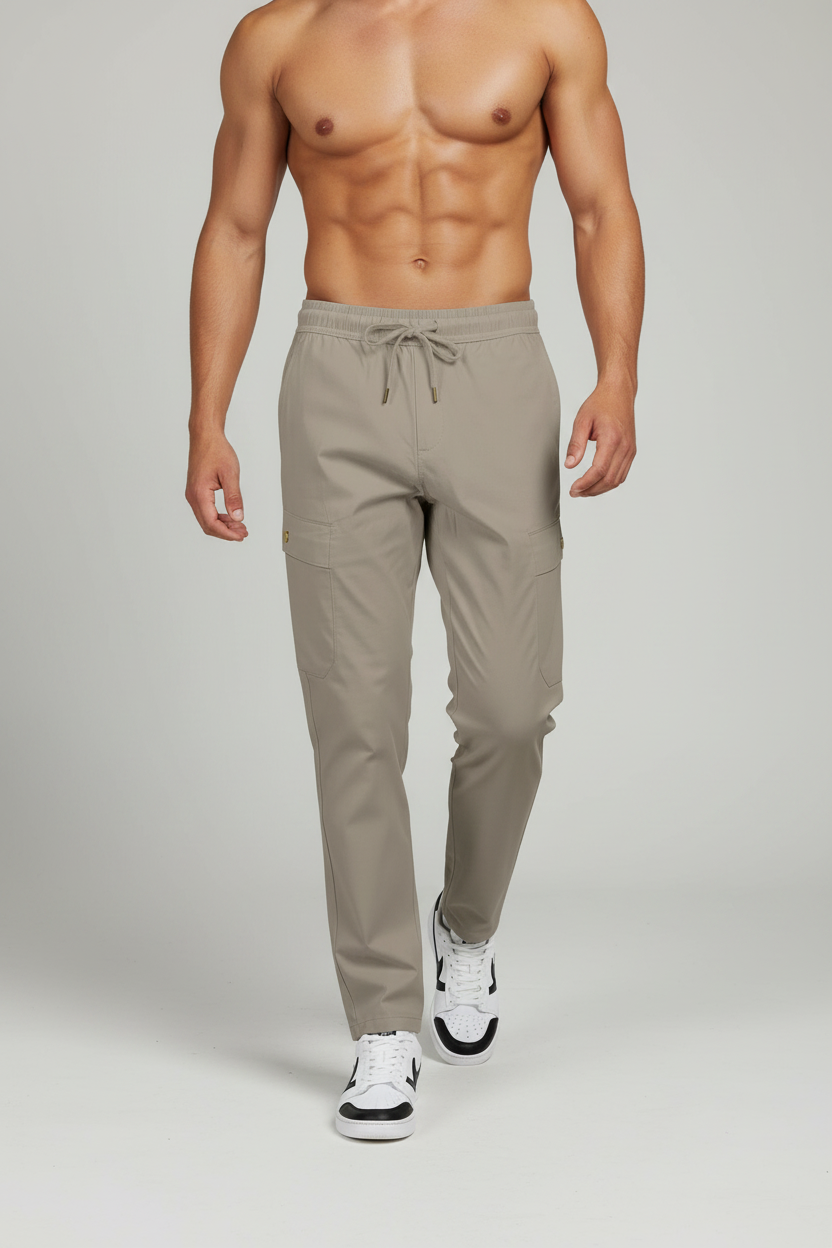 Man wearing beige jogger pants on a plain background
