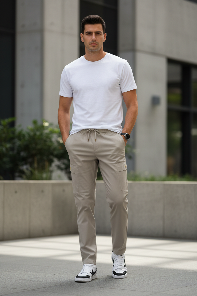 Man wearing a white t-shirt and beige cargo pants standing outdoors.