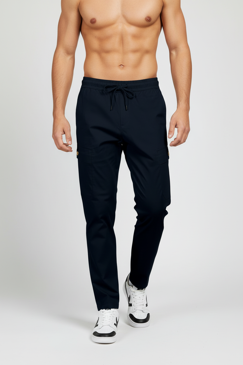 Man wearing navy jogger pants on a white background