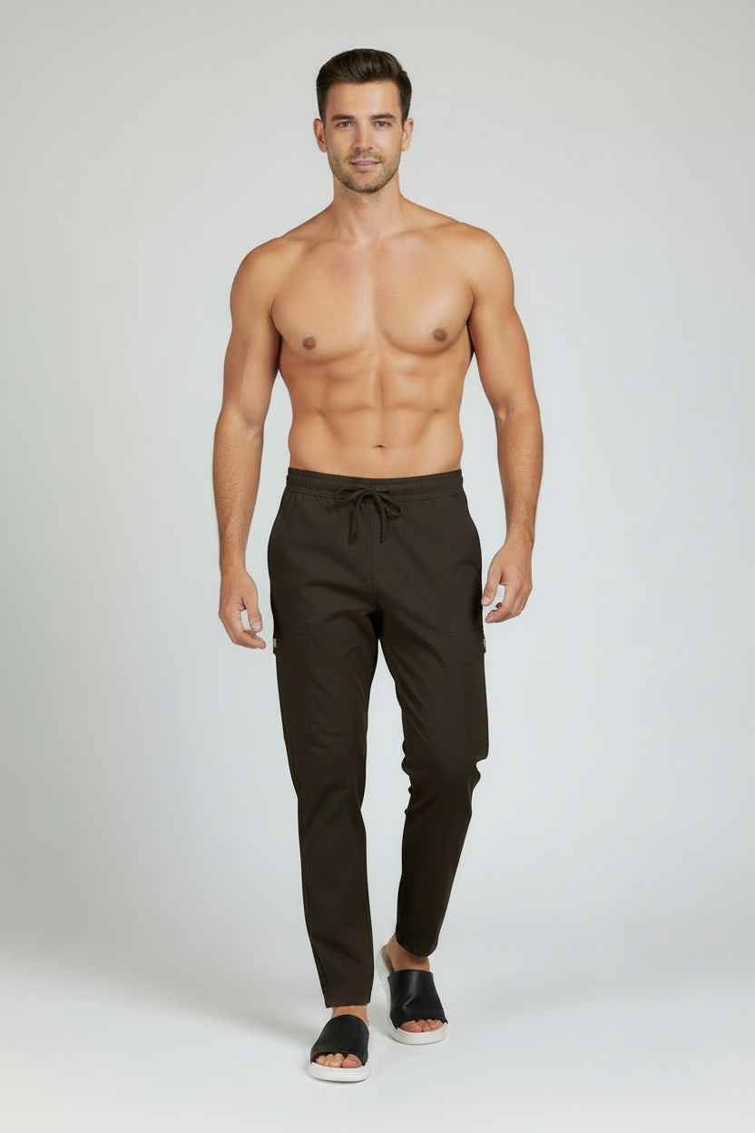 Man wearing black pants on a white background