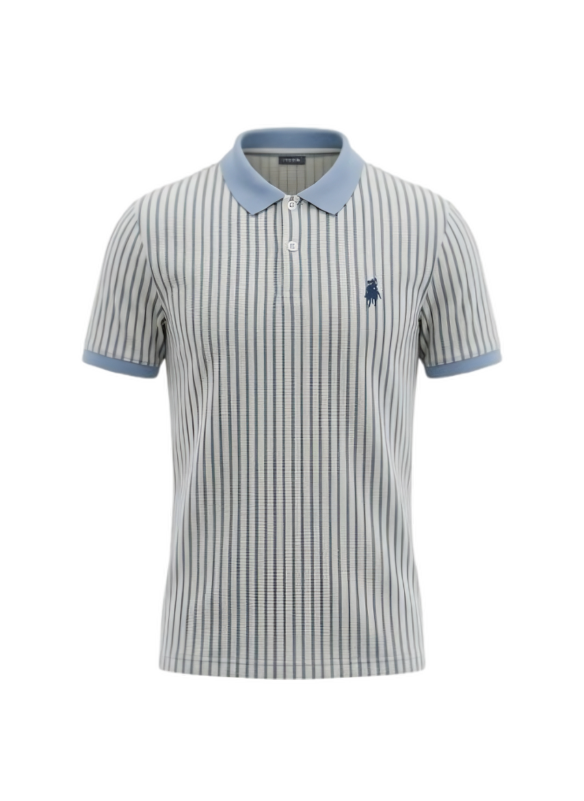 Striped polo shirt with blue collar and logo on a white background